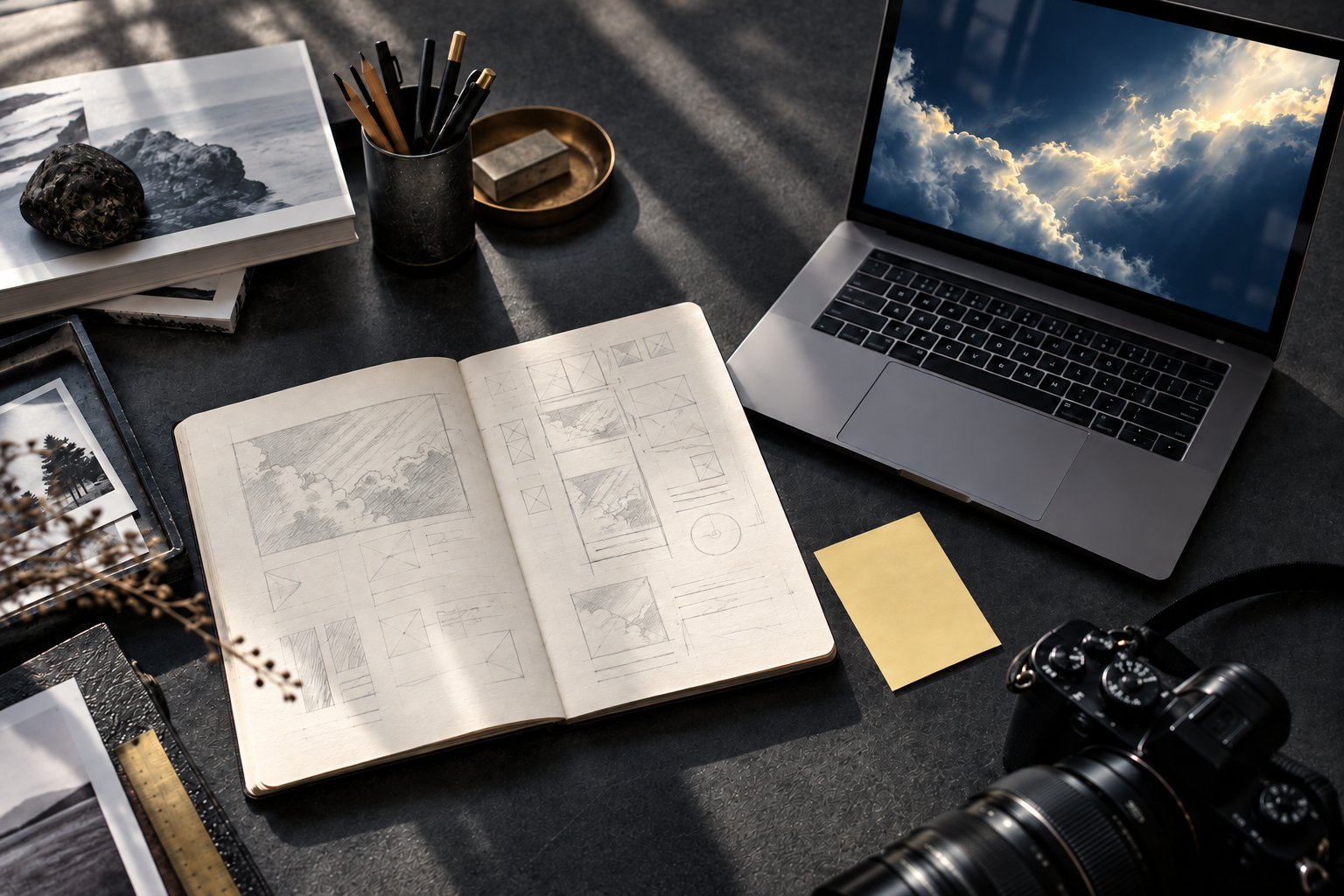 雲と光を映すPC画面と、その下描きを描いたノートが並ぶ制作デスクのイメージ